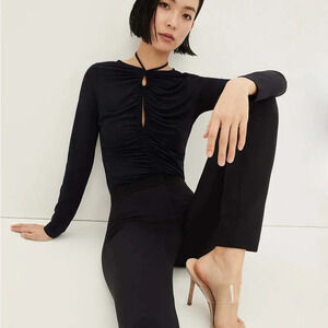 Veronica Beard Navy Ruched Keyhole Long Sleeve Top
